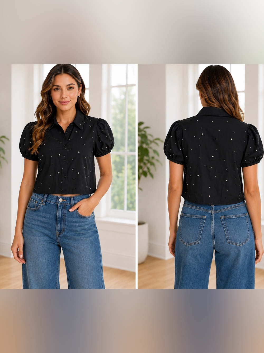 LIZETTE Collection Black Rhinestone Pearl Puff-Sleeve Cropped Button-Up Top-M